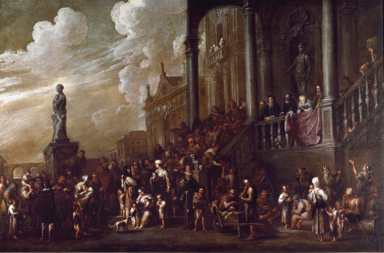 As sete obras de misericórdia corporal: "dar comida aos famintos" Pintura de Cornelis De Wael (1592-1667) (ec.flam) Genes, coleção Banco di Chiavari de Cornelis de Wael