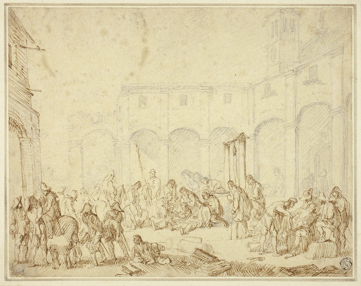 Soldados feridos num pátio da praça da cidade de Cornelis de Wael