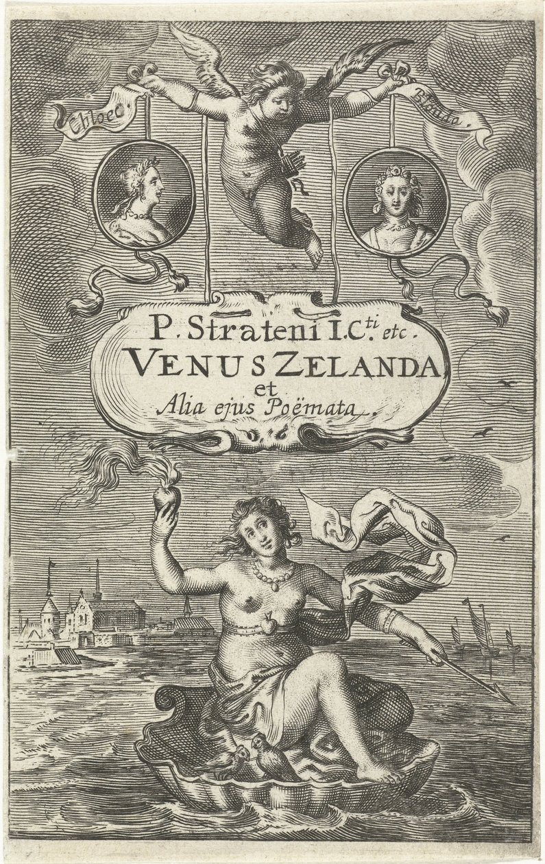 Vénus sobre concha com coração ardente e seta flutuando ao largo da costa da Zelândia, acima de dois medalhões com retratos de Cloës e Blondae e cartucho com título de Amor
Página de título para: Venus Zelanda et alia ejus Poëmata, The Hague 1641
Vénus de Cornelis van Dalen (I)