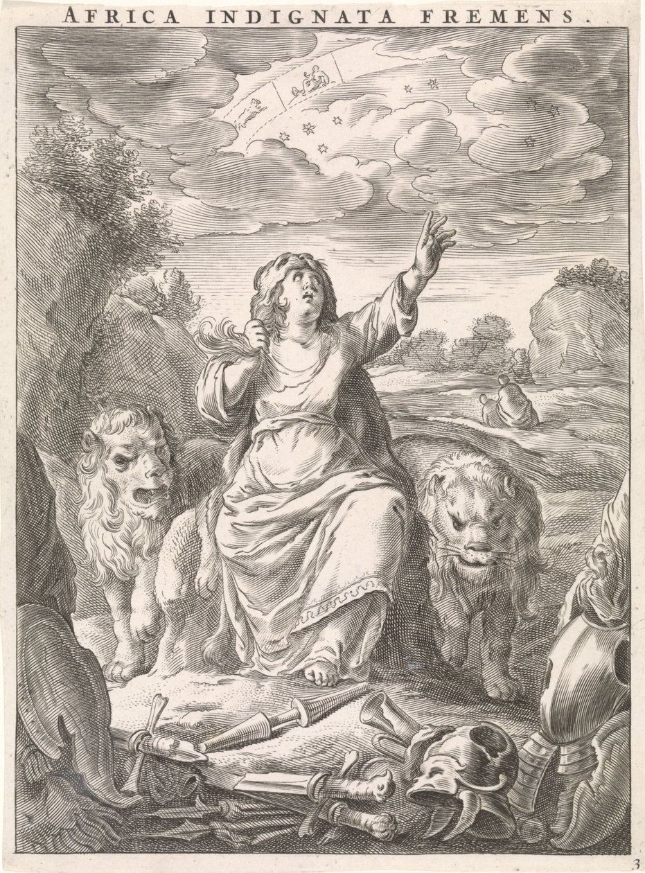 Personificação feminina do continente africano como uma mulher com pele de leão sentada entre leões Africa indignata fremens (título no objeto) Quatro continentes (título da série) de Cornelis van Dalen (II)