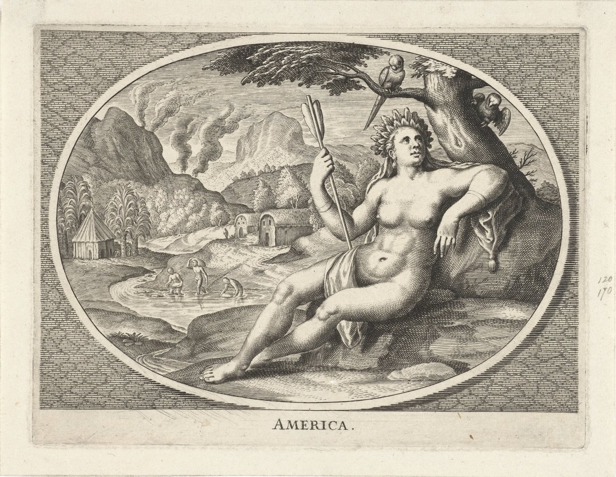 Personificação feminina da América do continente como mulher com o cabeleireiro de penas e flecha na paisagem
América (título sobre o objecto) de Cornelis van Dalen (II)