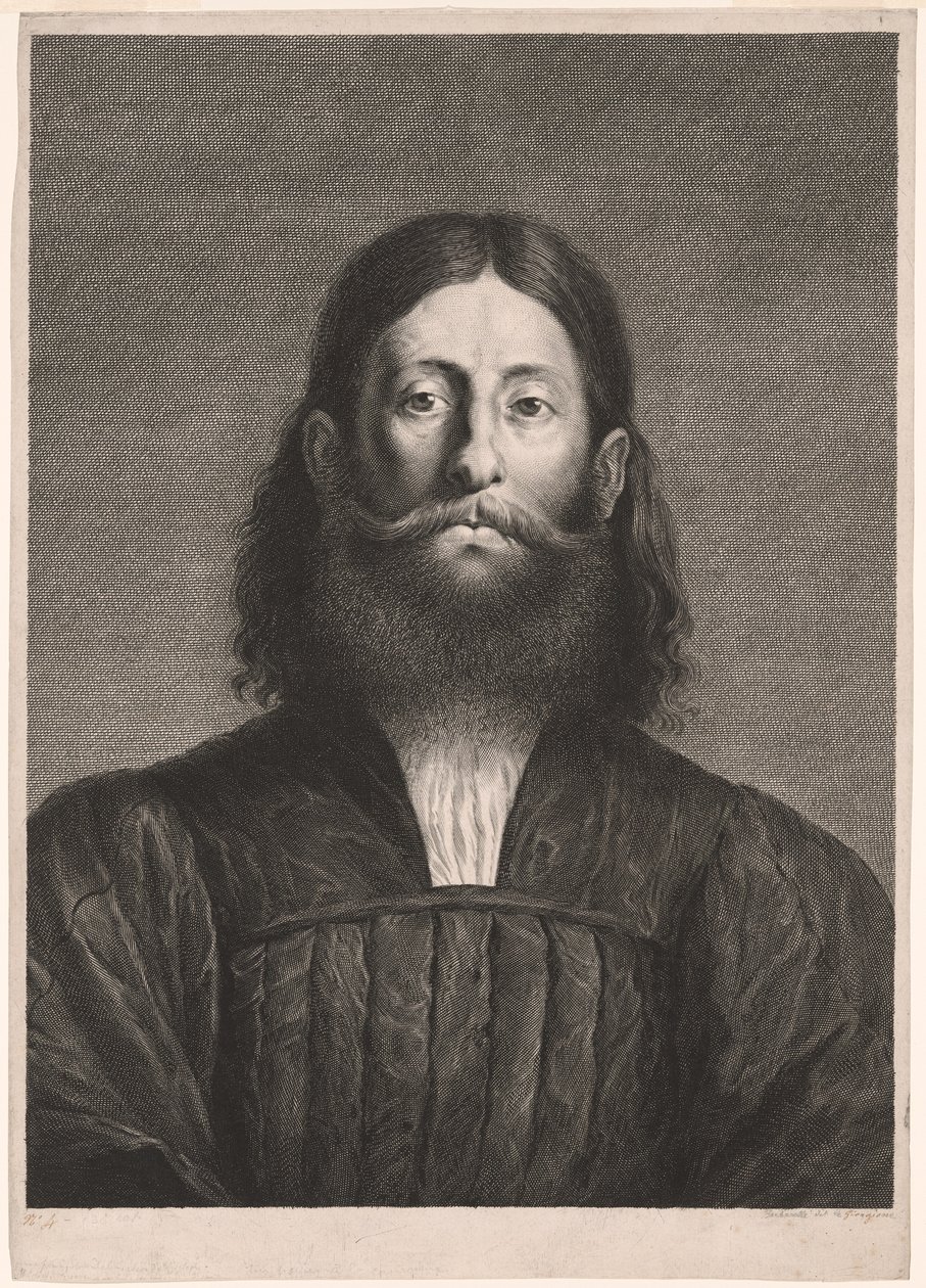 Retrato de um homem barbudo (o chamado retrato de Giorgione), de Cabinet Reynst; Variarum imaginum a celeberrimis artificibus pictarum Caelaturae (Cabinet Reynst: Gravuras de várias imagens pintadas por artistas famosos) de Cornelis van Dalen II
