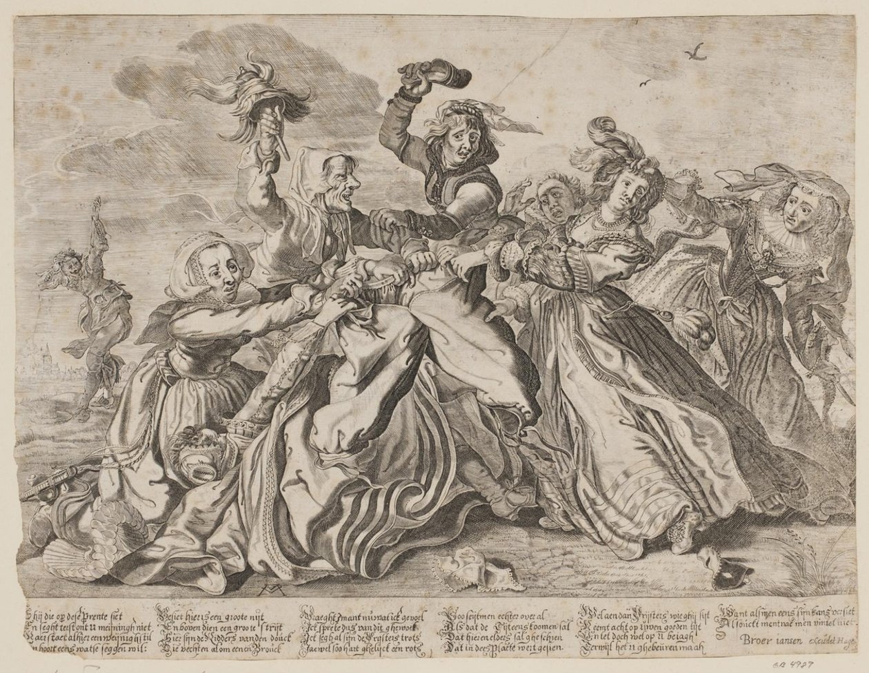 Sete mulheres lutando por um par de calças de um homem de Cornelis van Kittensteyn