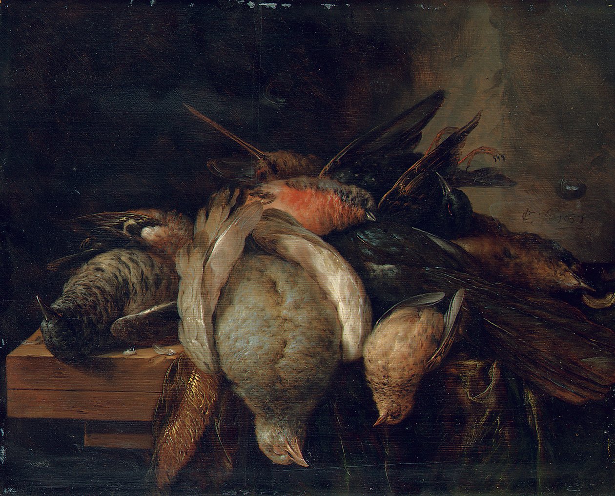 Pássaros mortos em uma borda, 1651 de Cornelis van Lelienbergh