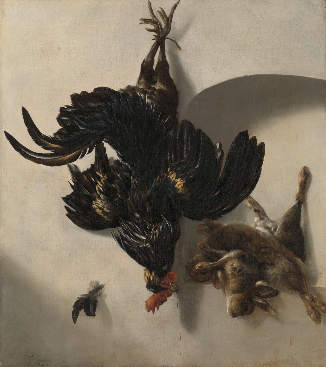 Natureza morta com galo preto e dois coelhos de Cornelis van Lelienbergh