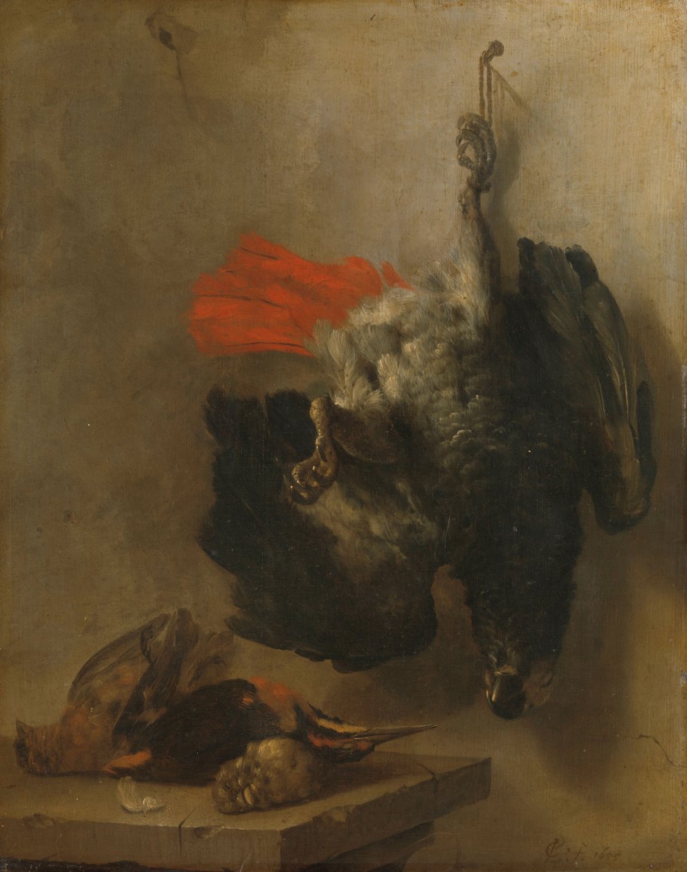 Natureza-morta com papagaio e narcejas de Cornelis van Lelienbergh