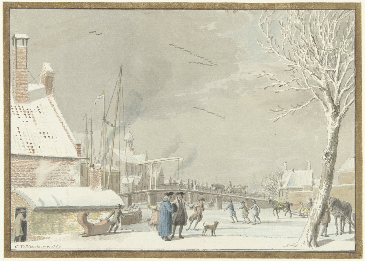 Canal da cidade congelado com patinadores de Cornelis van Noorde