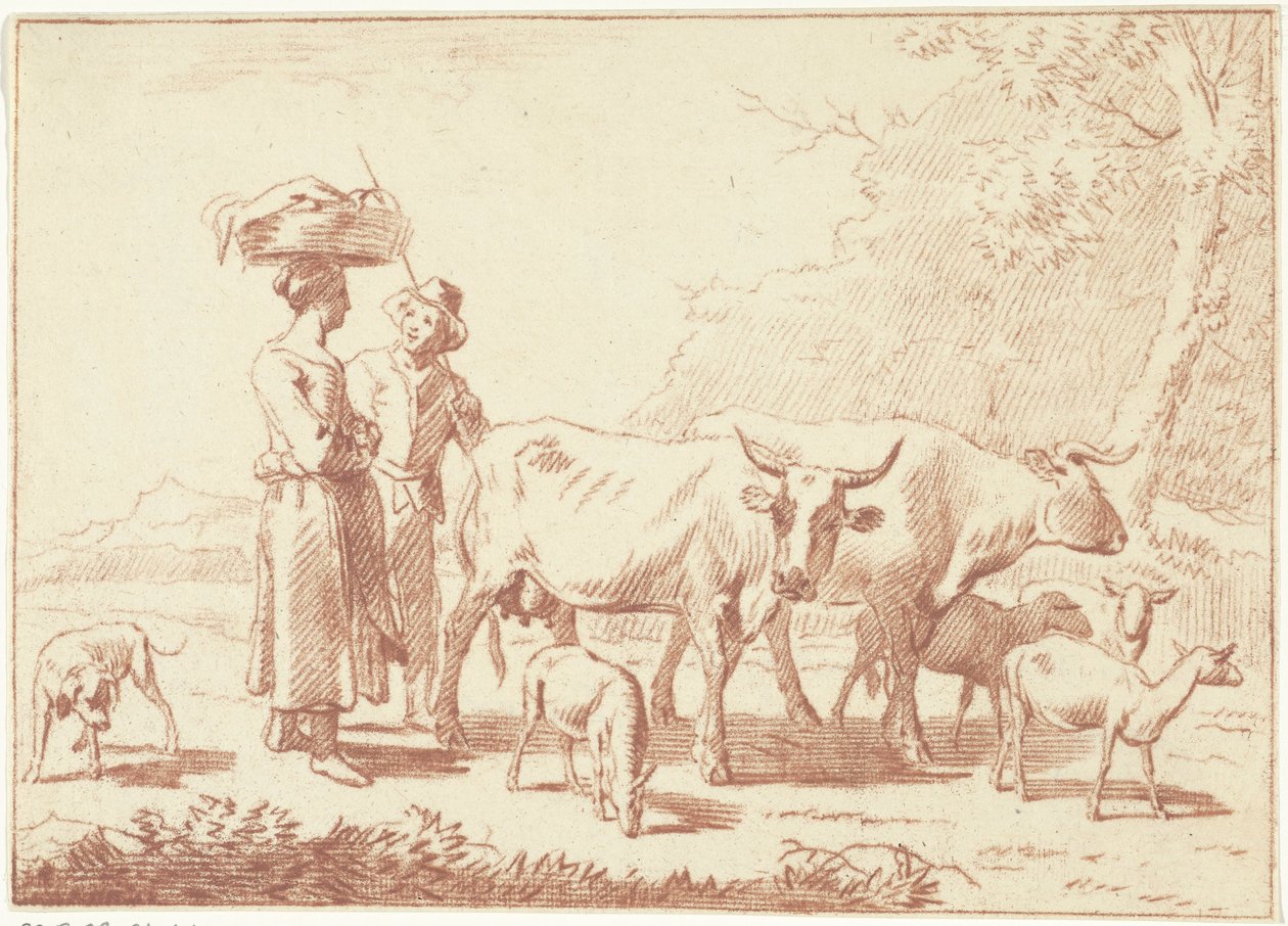 Pastor e uma mulher com vacas e ovelhas de Cornelis van Noorde