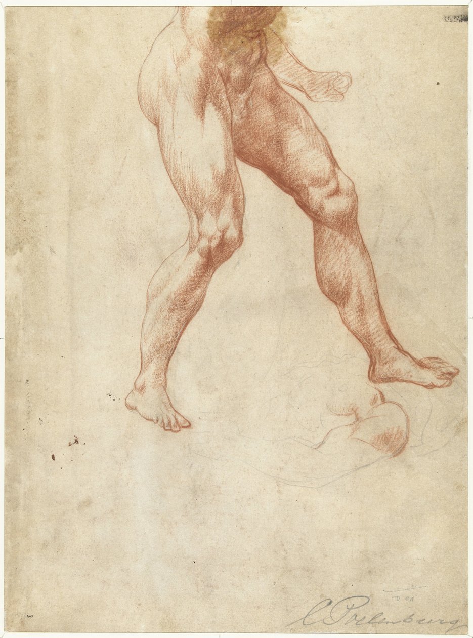 Estudo da parte inferior do corpo de um homem nu andante de Cornelis van Poelenburch