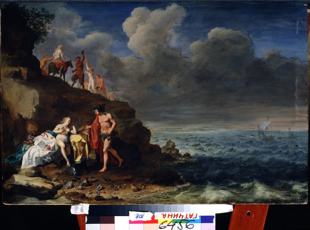 Dionísio e Ariadne na ilha de Naxos. (Baco e Ariadne na Ilha Naxos). Pintura de Cornelis Van Poelenburgh (1594/95-1667) Óleo sobre madeira. Arte do estilo barroco holandês. Palácio de Pavlovsk do museu ao ar livre do estado, São Petersburgo. de Cornelis van Poelenburgh