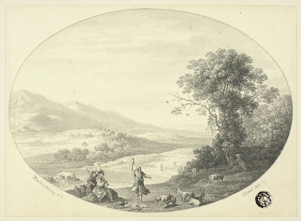 Paisagem italiana com dançarino, músicos e cabras de Cornelis van Poelenburgh