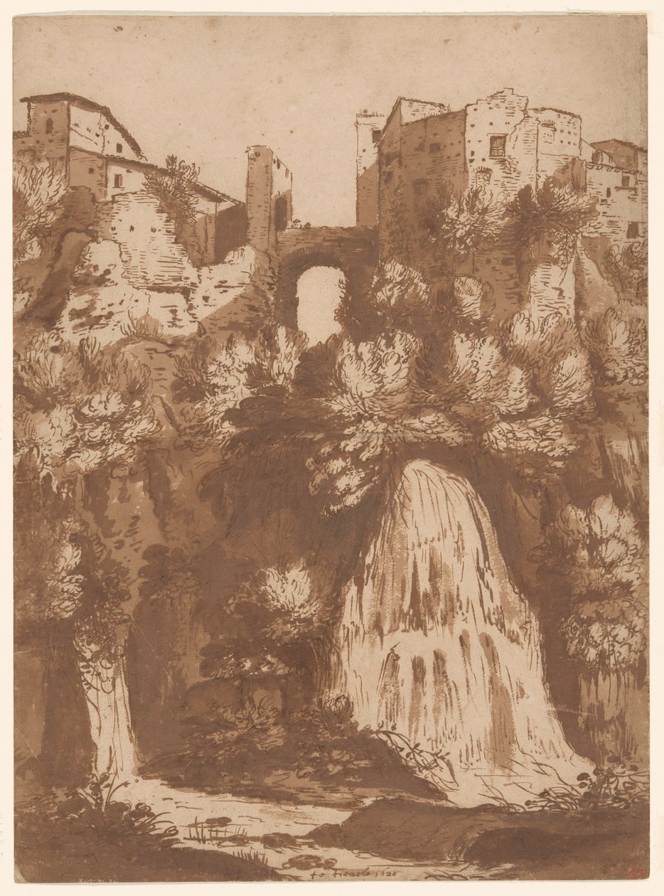 Vista do Tivoli com a Ponte sobre a Cachoeira do Anio de Cornelis van Poelenburgh
