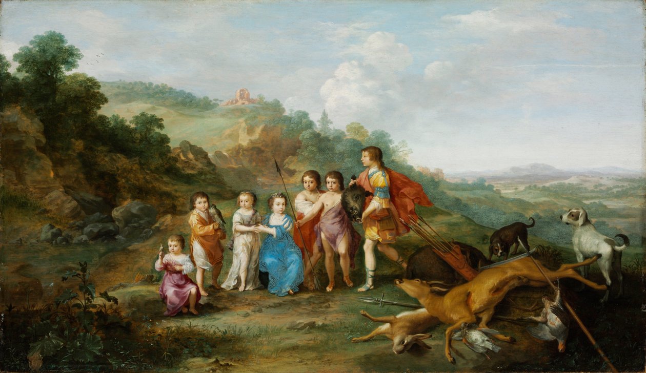 Les sept enfants du roi Hiver (As Sete Crianças do Winterking) - Peinture de Cornelis van Poelenburgh (1594 ou 1595-1667), huile sur bois (37,9x65,3 cm) de Cornelis van Poelenburgh or Poelenburch