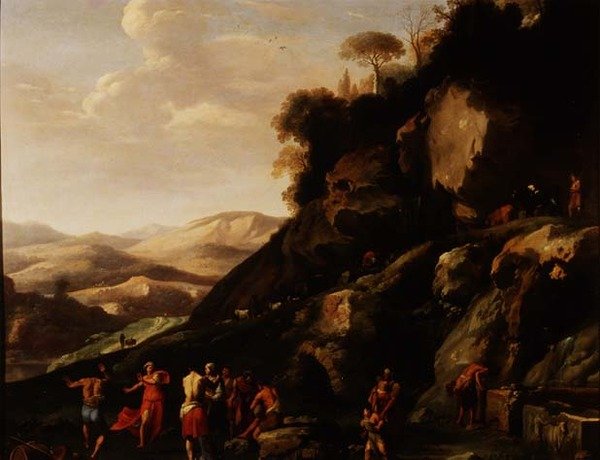 Camponeses dançando em uma paisagem de Cornelis van Poelenburgh or Poelenburch