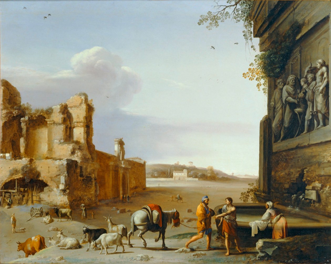 Ruínas da Roma antiga com um baixo-relevo representando o sacrifício de Marco Aurélio ... de Cornelis van Poelenburgh or Poelenburch