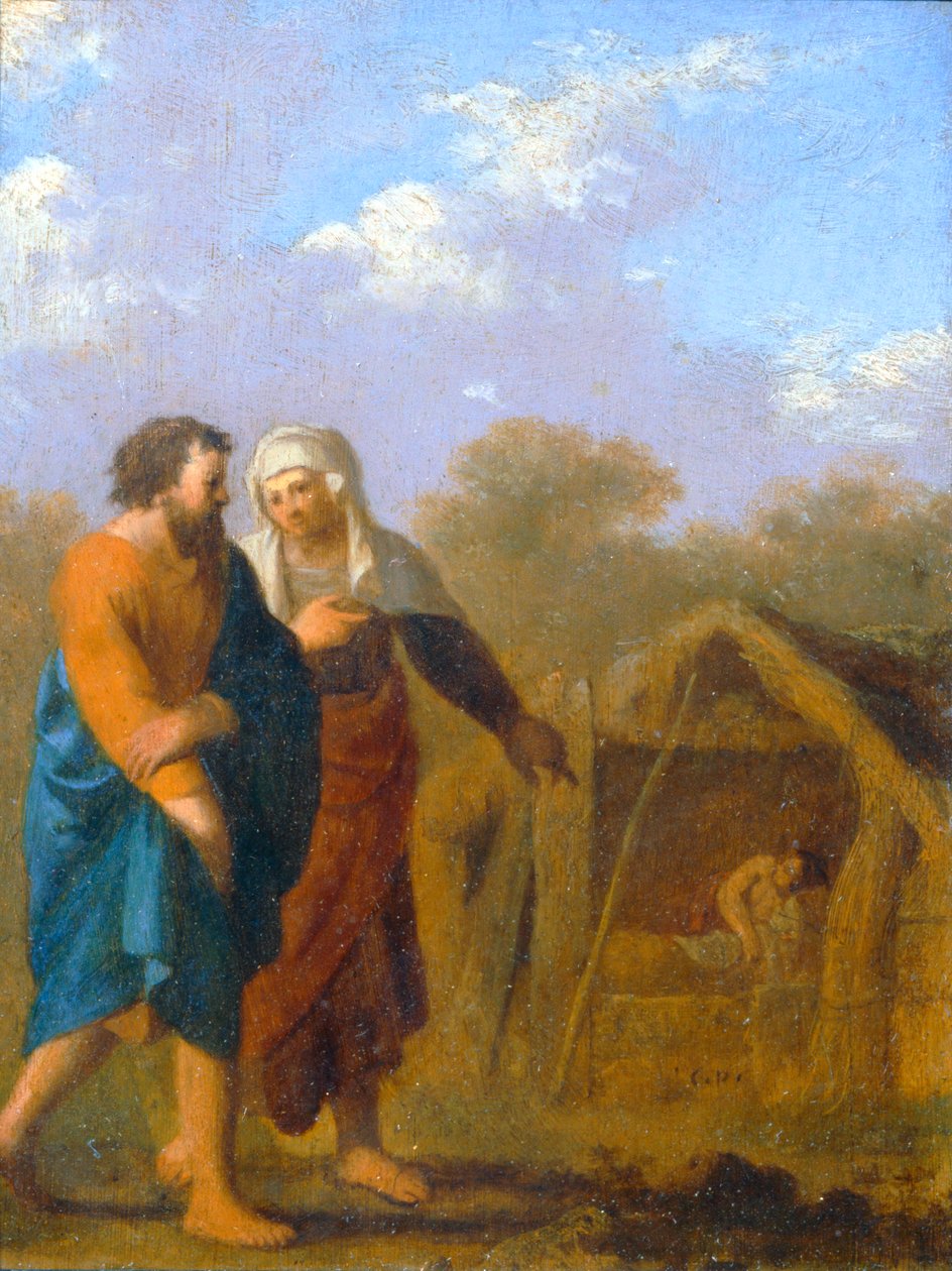 Sara pede a Abraão que aceite Agar como sua segunda mulher ... de Cornelis van Poelenburgh or Poelenburch