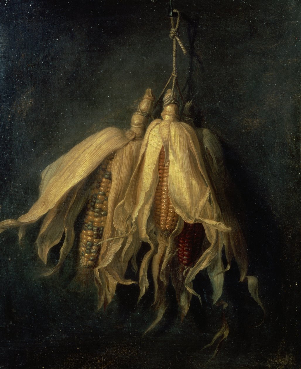 Três espigas de milho penduradas em um prego (óleo sobre tela) de Cornelis van Spaendonck