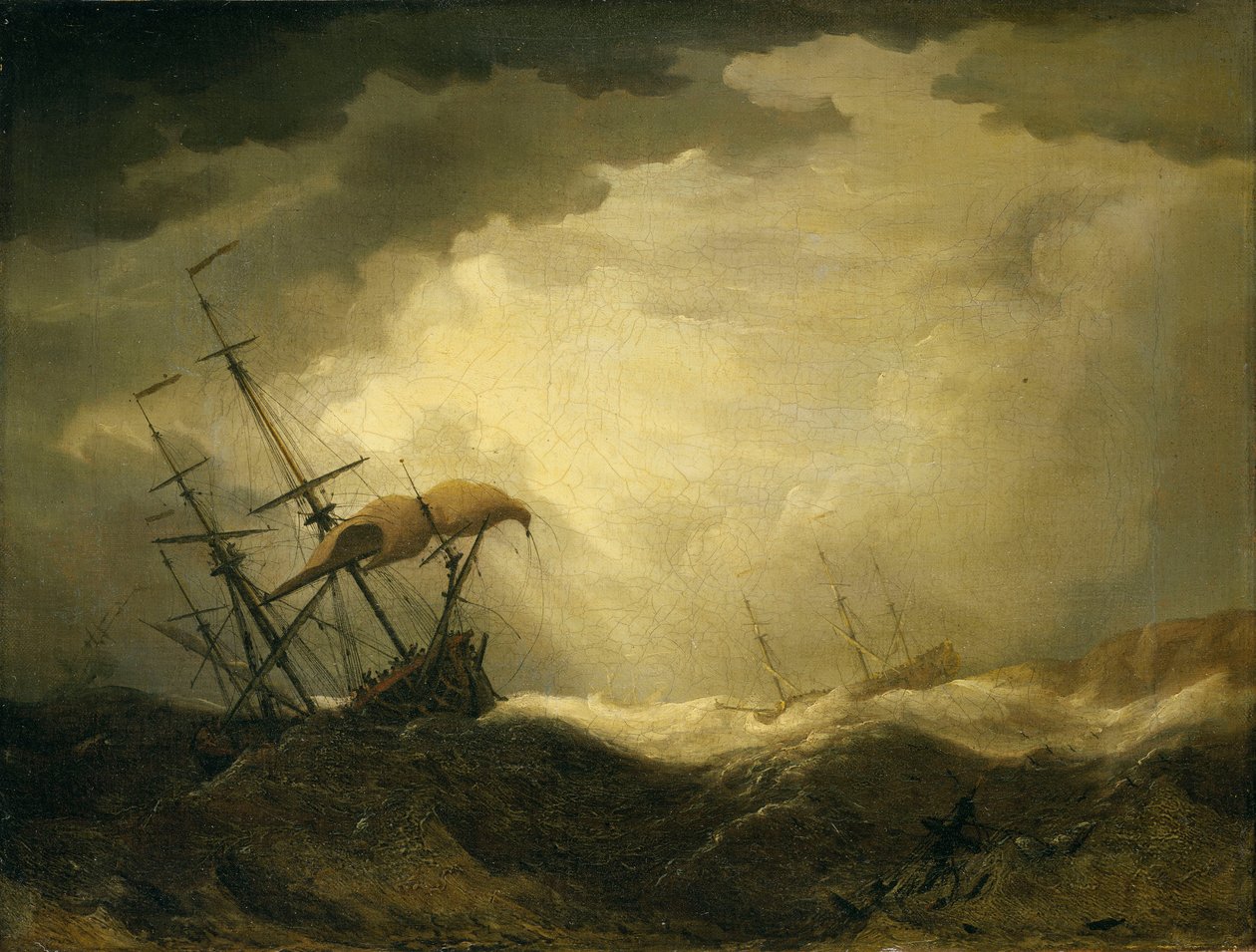 Navios a dirigirem-se para uma costa rochosa num mar agitado, finais do século XVII (óleo sobre tela) de Cornelis van de Velde