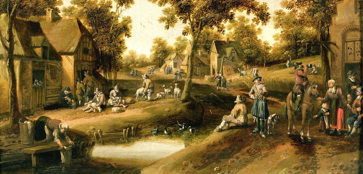 Uma cena de aldeia com camponeses em bancos de um córrego de Joost Cornelisz. Droochsloot