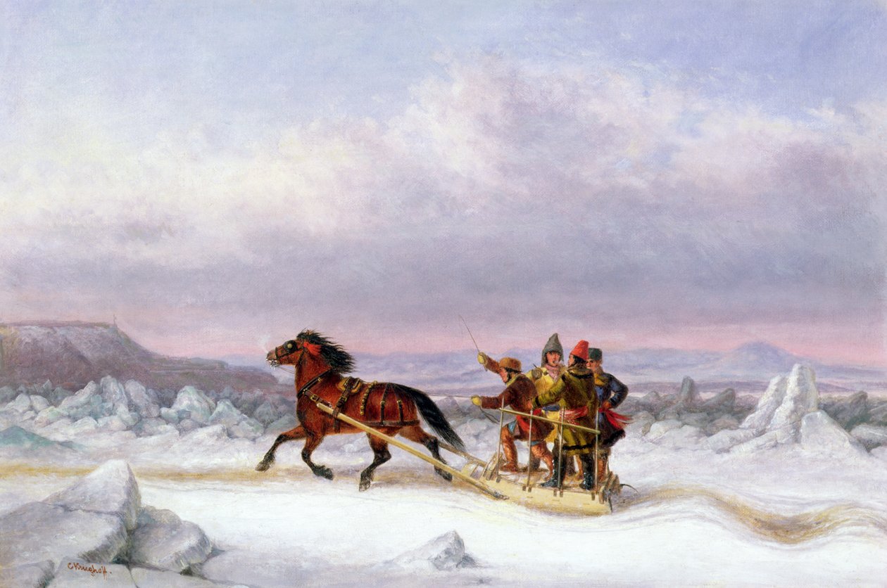 Atravessando o St. Lawrence de Levis para Quebec em um trenó (óleo) de Cornelius Krieghoff