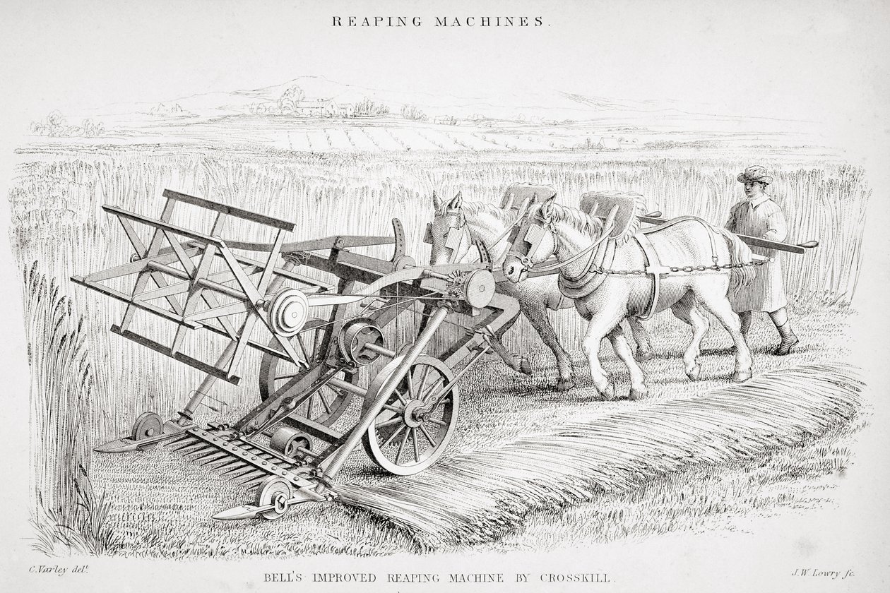 Máquina de colheita melhorada de Bell, gravada por JM Lowry de Cornelius Varley