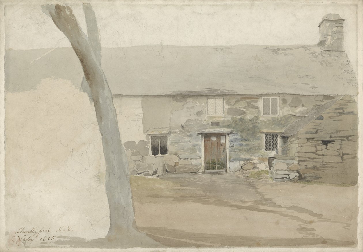 Cottages em Llanllyfni, North Wales, 1805 (wc sobre grafite sobre papel) de Cornelius Varley