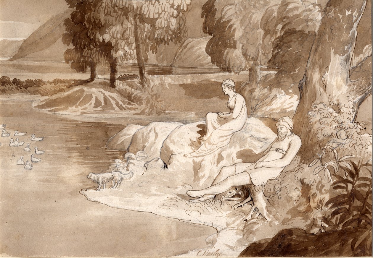 Ilustração para a Senhora do Lago, 1811 (caneta e tinta, lavar e lápis sobre papel) de Cornelius Varley