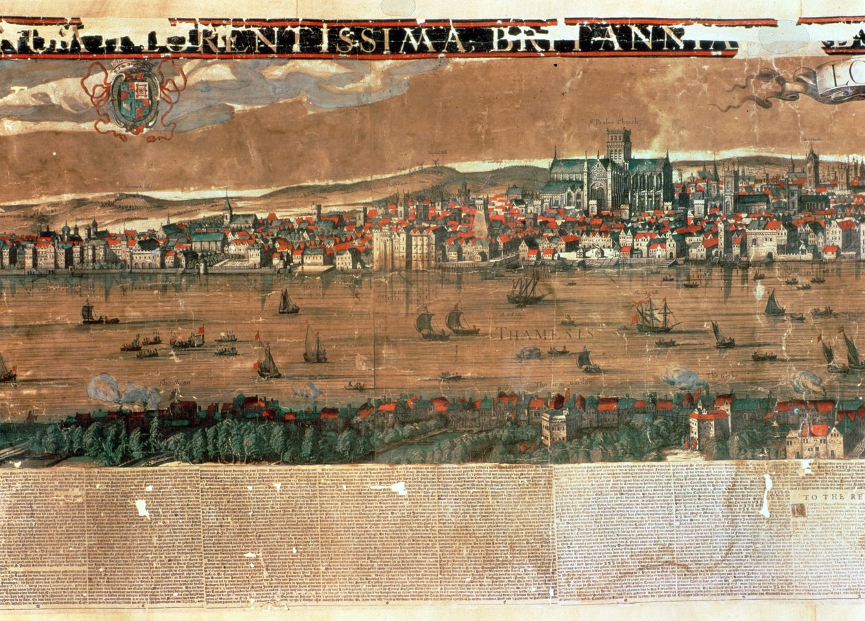 Vista de Londres com o cisne, a rosa e os teatros do globo e St. Paul, após a remoção da torre por Inigo Jones de Cornelis Visscher