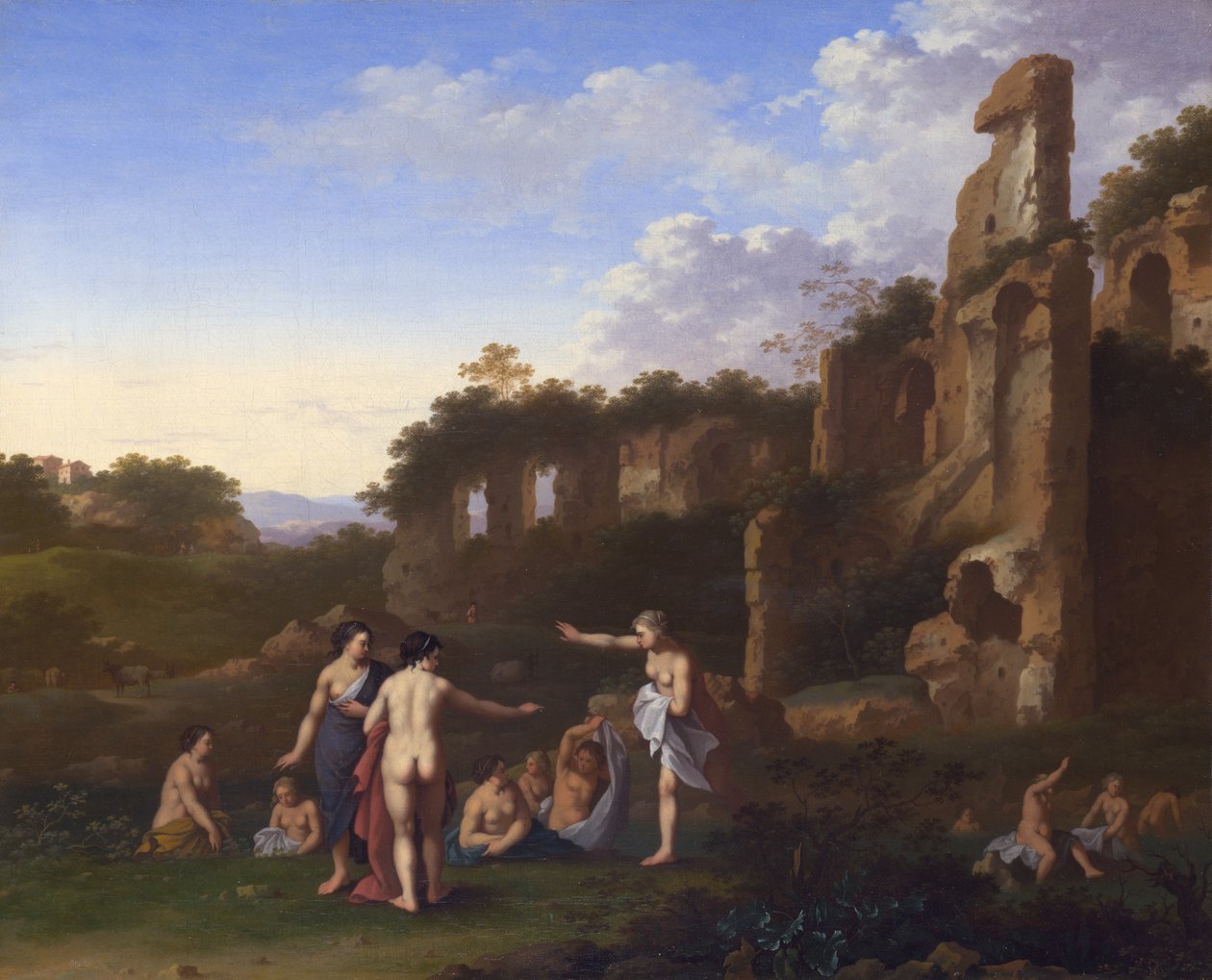 Mulheres tomando banho em uma paisagem de Cornelis van Poelenburgh or Poelenburch