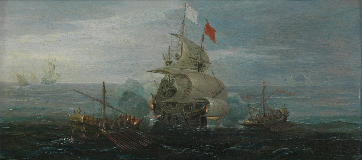 Um navio francês e piratas barbaros, c.1615 (óleo sobre painel de carvalho) de Cornelius Bol