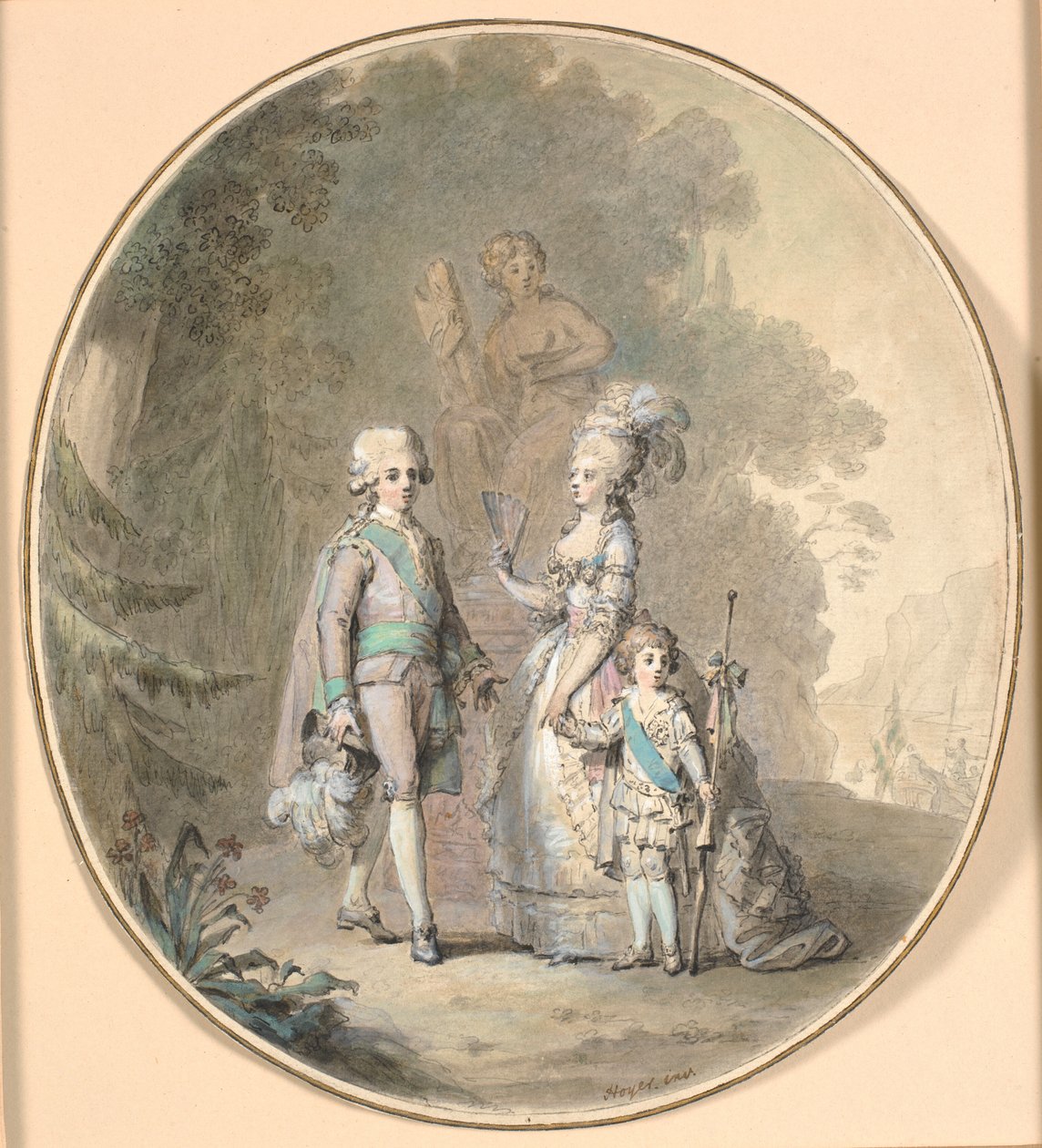 Gustav III, Rainha Sophie Madalena e Príncipe Herdeiro Gustav Adolph passeando no Parque Haga. de Cornelius Høyer