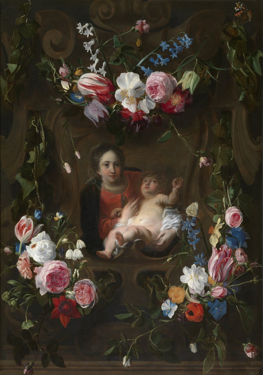Madonna rodeada por uma Garland of Flowers (óleo sobre painel) de Cornelius I Schut