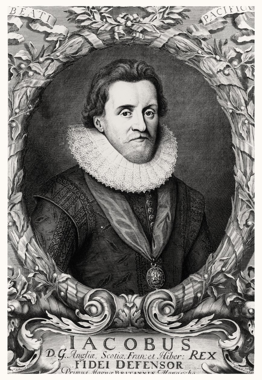 Retrato de James I, rei da Grã-Bretanha, gravado por R.White, 1669 de Cornelius I after Johnson