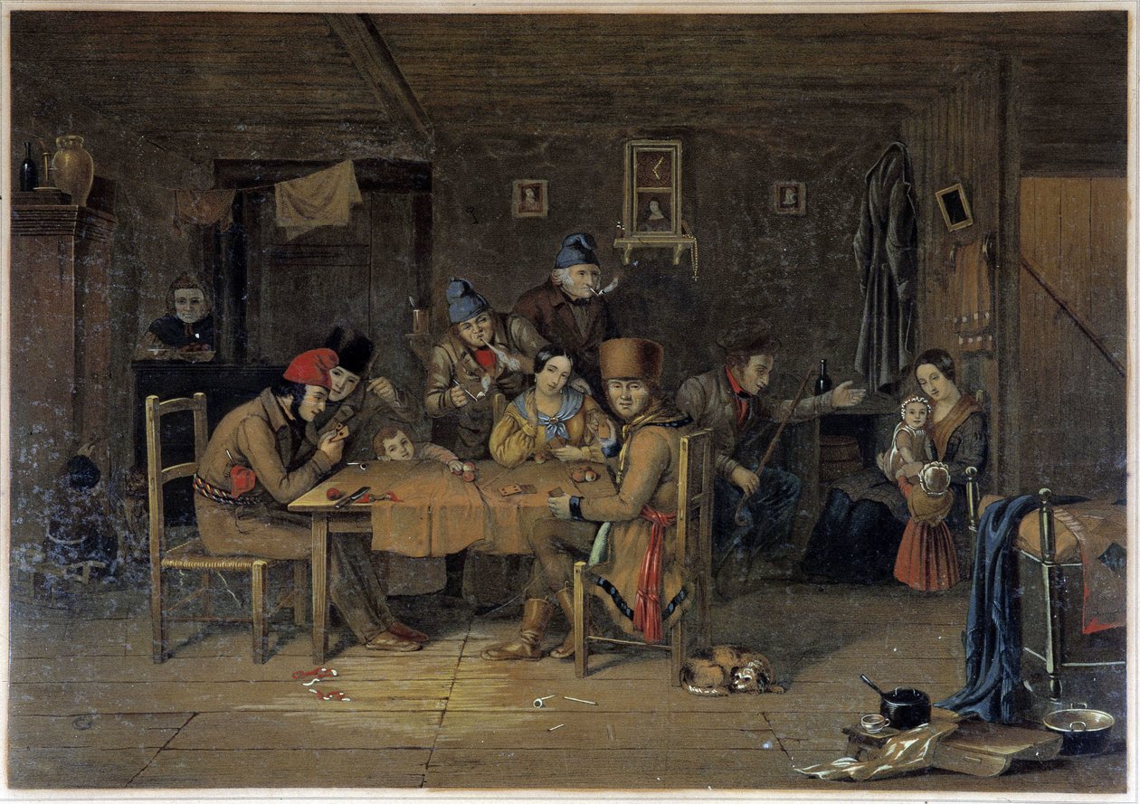 Os colonos franceses no Canadá jogando cartas - pintura de Krieghoff de Cornelius Krieghoff