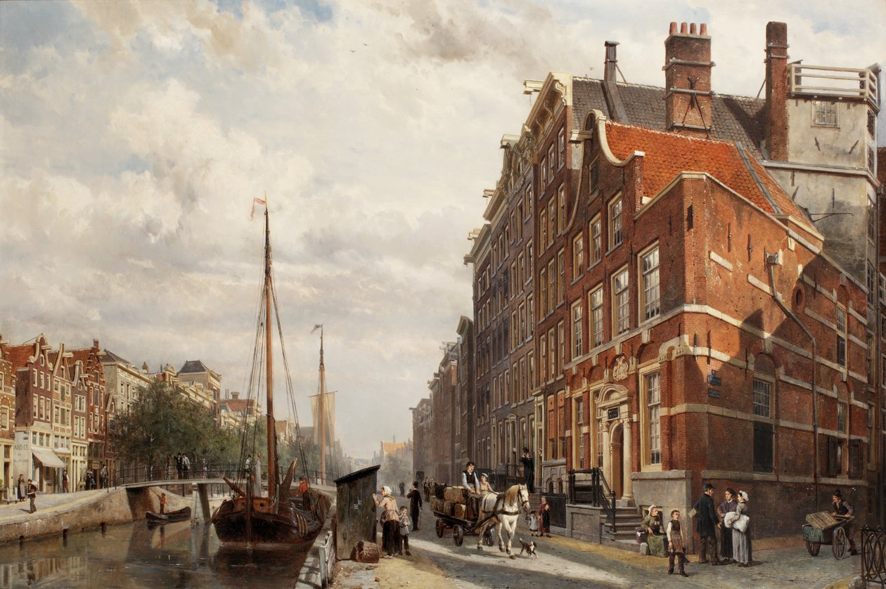 Uma vista do Makelaers Comptoir no Nieuwezijds Voorburgwal, Amsterdã, 1883 de Cornelis Springer