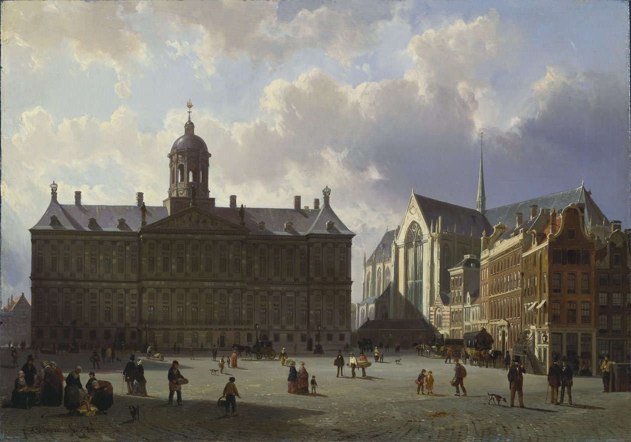Praça Dam com o Palácio Real, Amsterdã, 1855 de Cornelis Springer