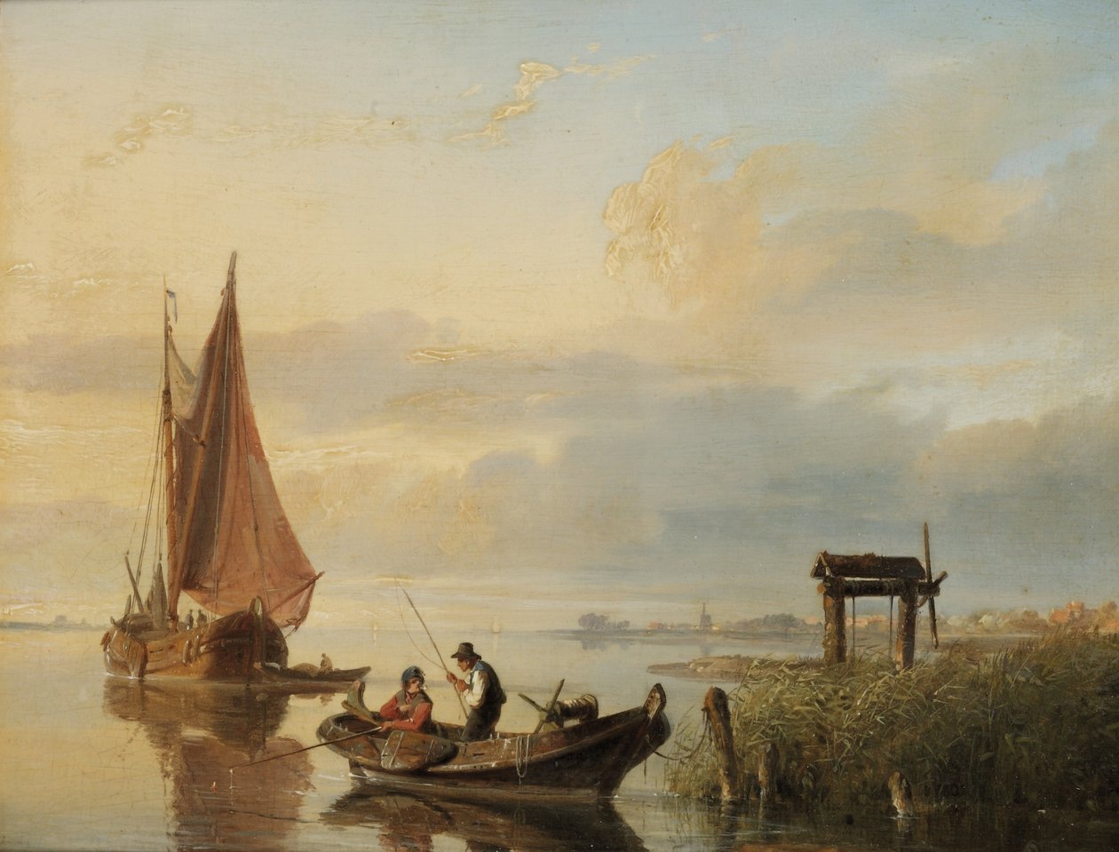 Embarcações de pesca ao pôr do sol de Cornelis Springer