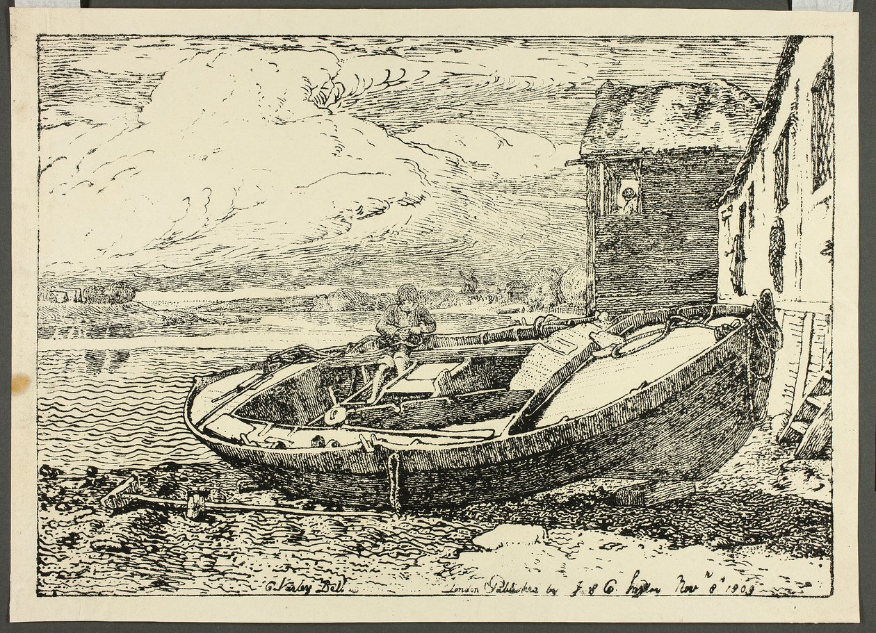 Um menino sentado em um navio ancorado de Cornelius Varley