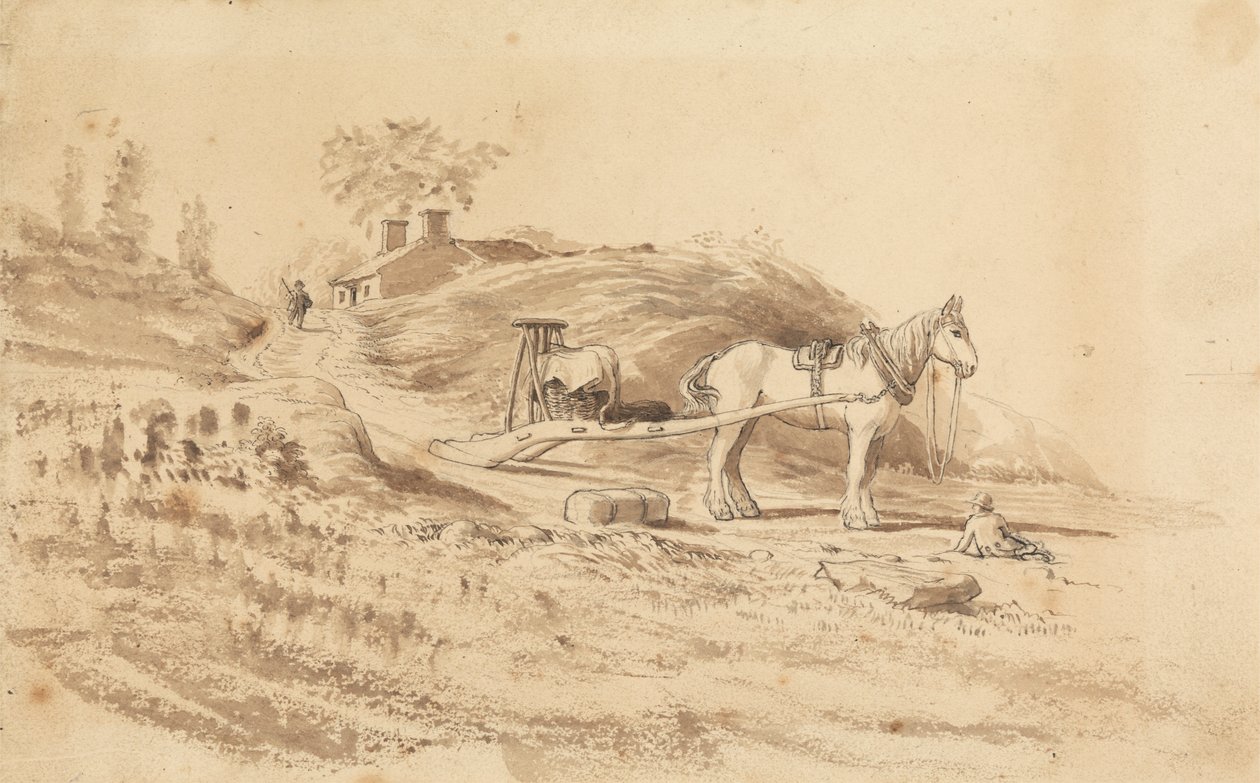 Um cavalo a puxar um Arrasto de Cornelius Varley