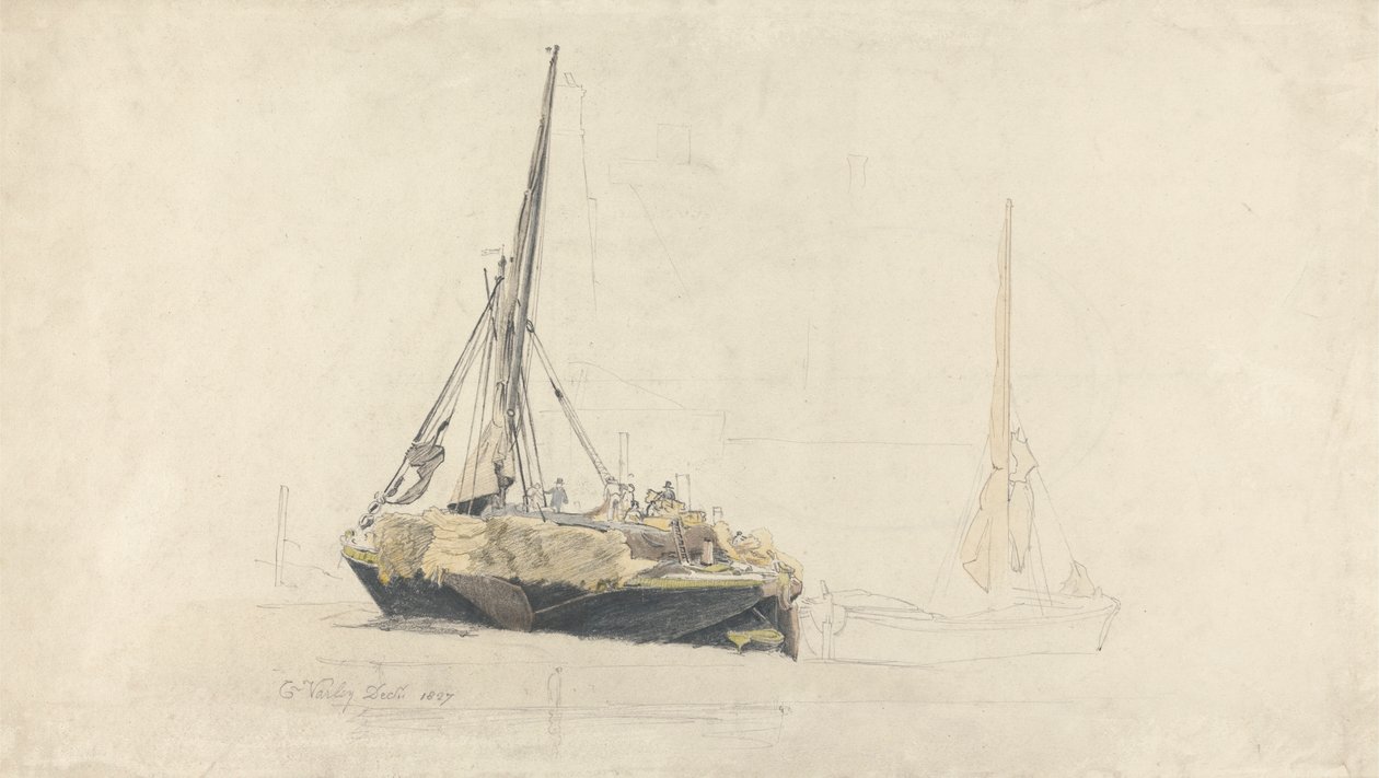 Uma Barcaça à Vela carregada com Feno, Dezembro de 1827 de Cornelius Varley