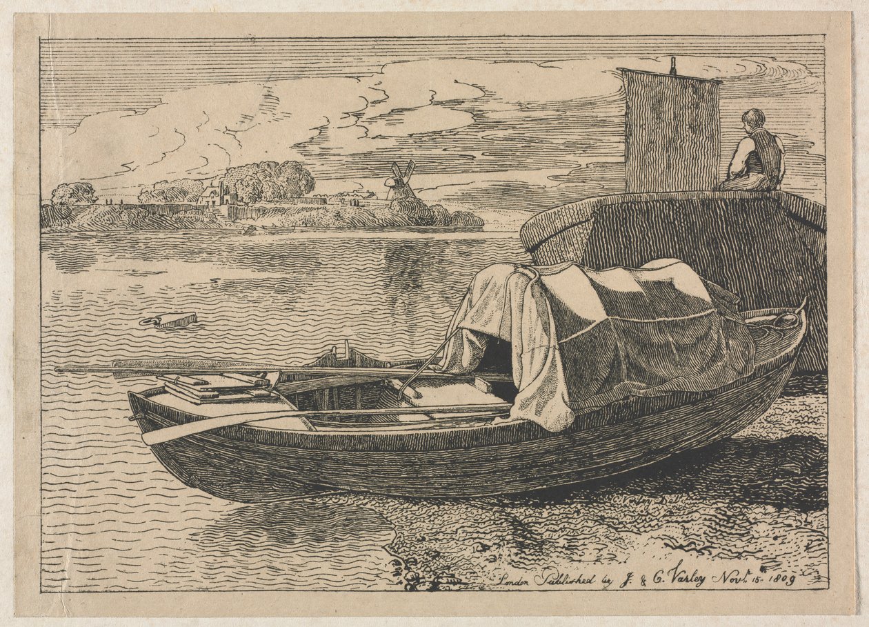 Barcos em um rio, moinho de vento à distância de Cornelius Varley