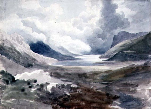 Llyn Gwynant, Gales do Norte (aguarela sobre papel) de Cornelius Varley