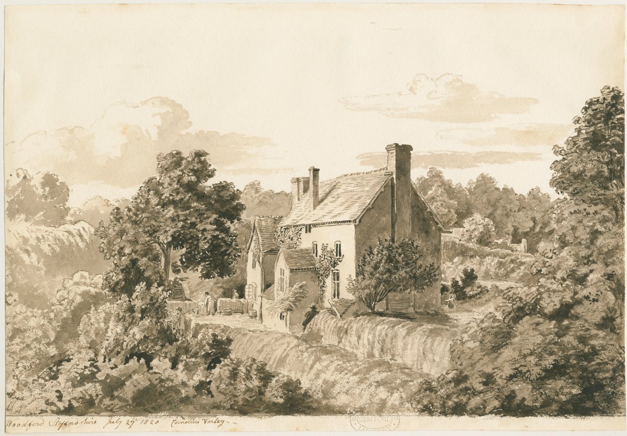 Woodford - Chalés: desenho sépia, 27 de julho de 1820 de Cornelius Varley