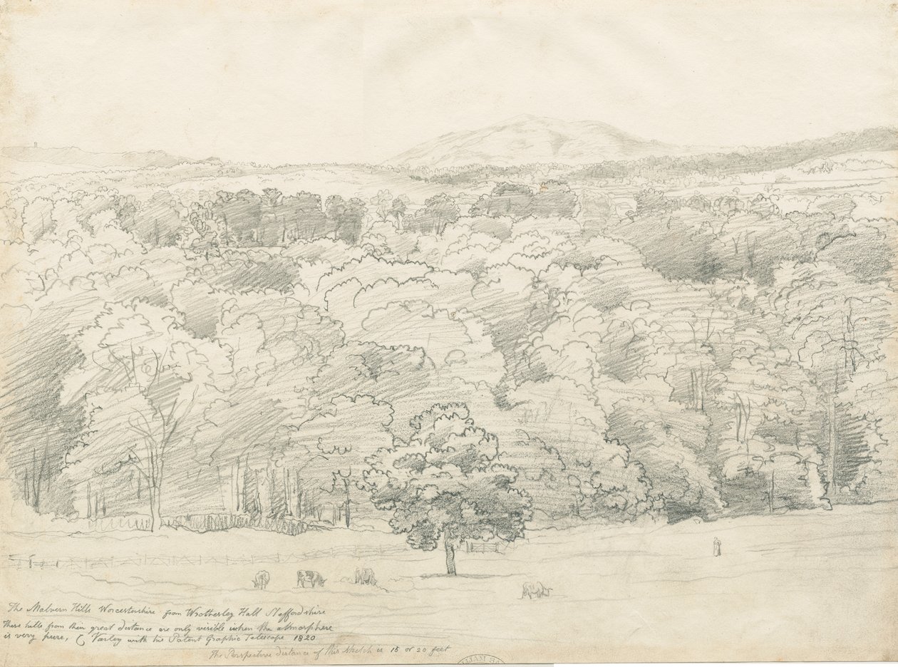 Wrottesley Hall - Vista de Malvern Hills: desenho a lápis, 1820 de Cornelius Varley