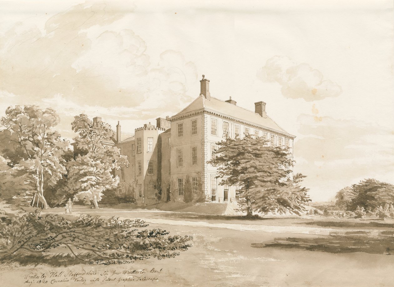 Wrottesley Hall: desenho em sépia, agosto de 1820 de Cornelius Varley