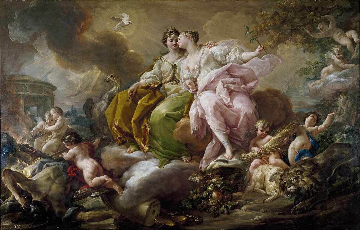 Justice et Paix - Justiça e Paz - Peinture de Corrado Giaquinto (1703-1766) - c. 1754 - Óleo sobre tela - 216x325 cm - Art rococo - Museo del Prado, Madrid de Corrado Giacquinto