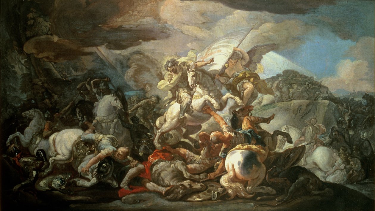 A Lendária Batalha de Clavijo, em que o rei asturiano Ramiro I (791-850) derrotou os muçulmanos com a ajuda do apóstolo São Tiago em 845, esboço após a pintura na cúpula do Palácio Real de Madrid (óleo sobre tela) de Corrado Giaquinto