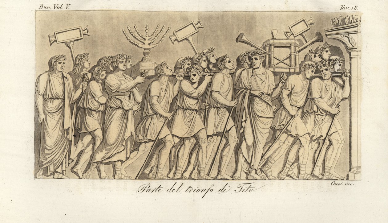 Soldados romanos marcham em procissão com espólios de guerra ou spolia no Arco de Tito, o arco do triunfo celebrando a vitória do imperador Tito sobre Jerusalém de Corsi Corsi