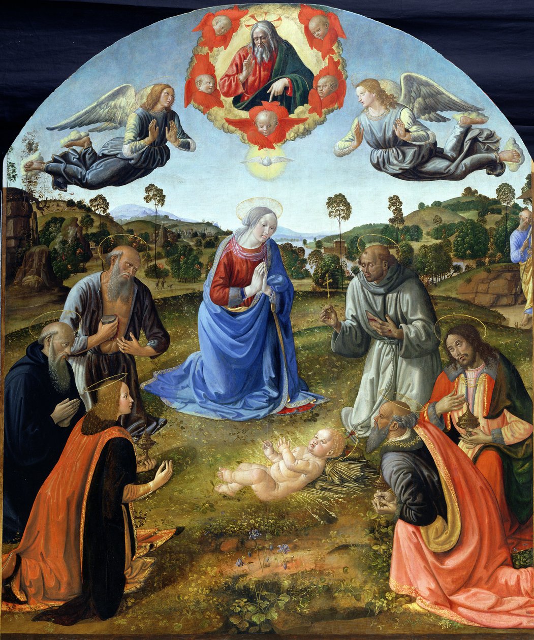 A Adoração do Menino Jesus, de 1480 (têmpera na madeira) de Cosimo Rosselli