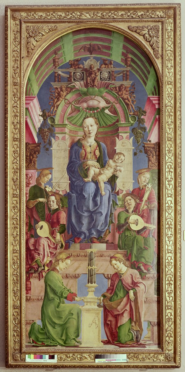 A Virgem e a Criança Enthroned, meados de 1470 (óleo e ovo em têmpera em choupo) de Cosimo Tura